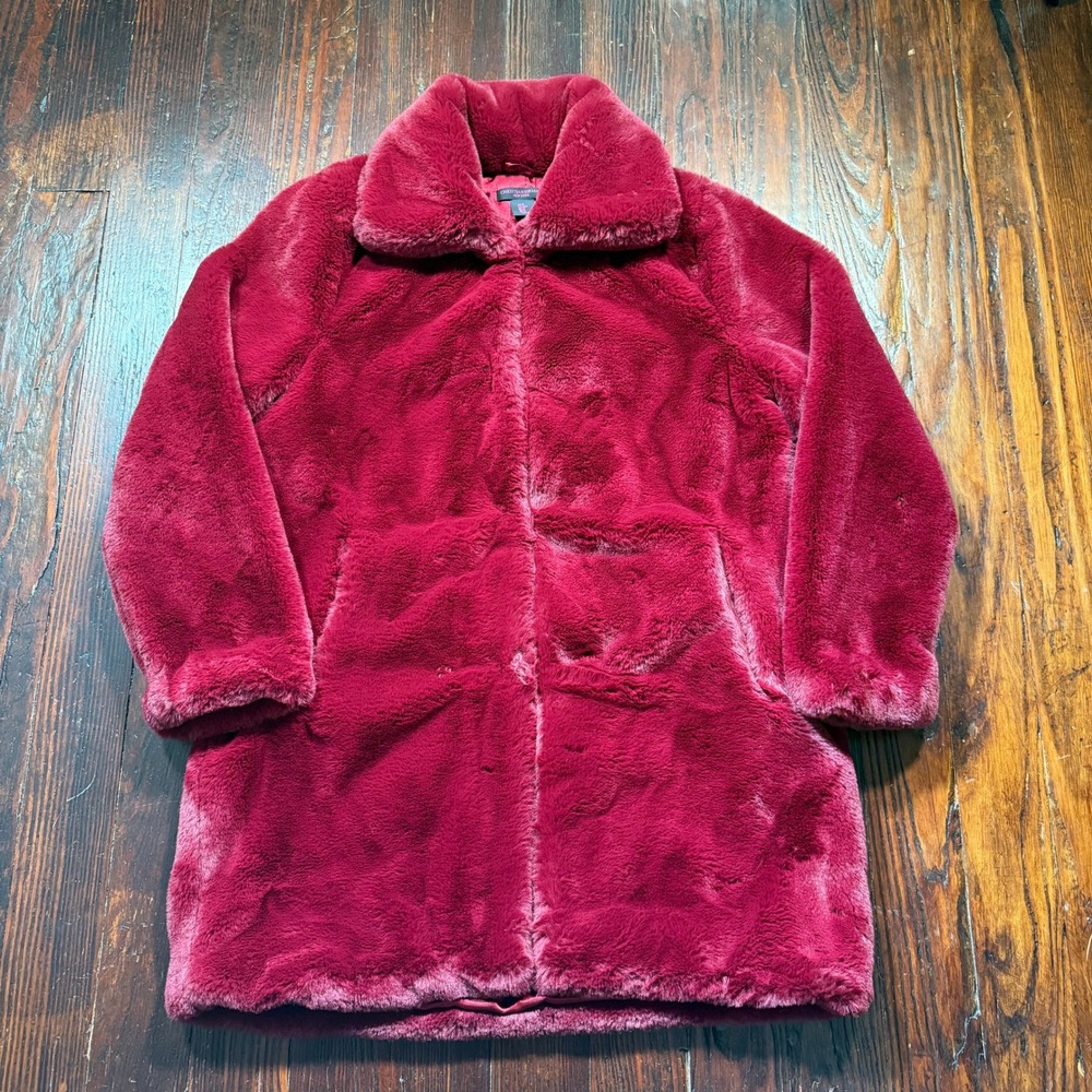 Christian Siriano Faux Fur Coat Women Medium Burgundy Red Plush Luxury Jacket - Picture 1 of 9